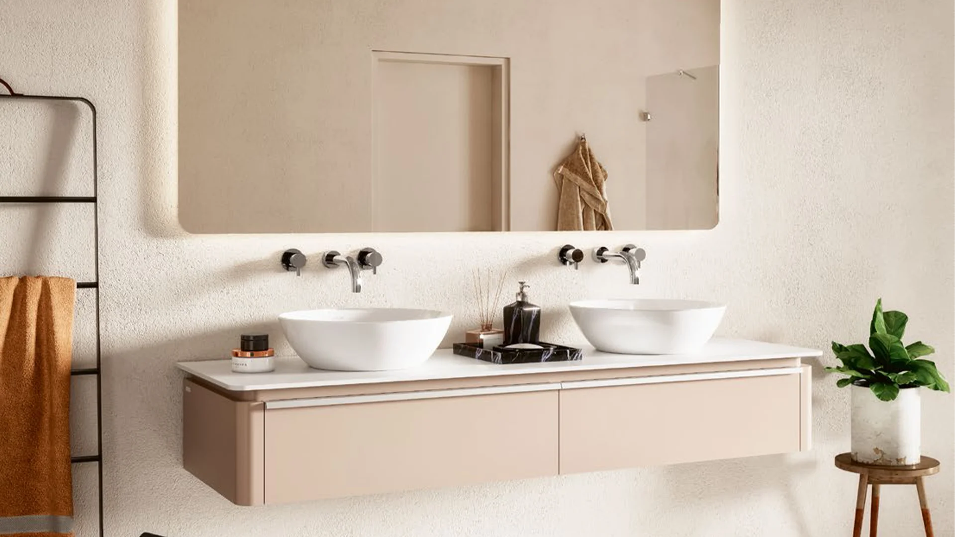 Vasque meuble rose grand miroir