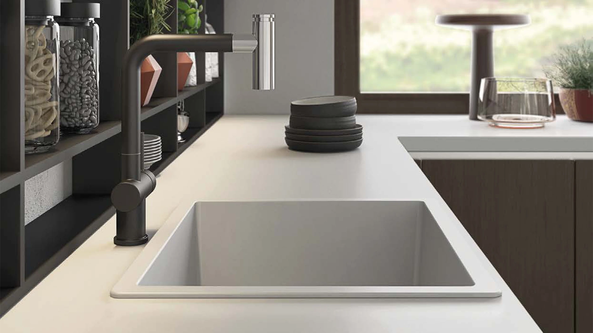 Éviers noir, plan de travail blanc Telma - Concept Habitat
